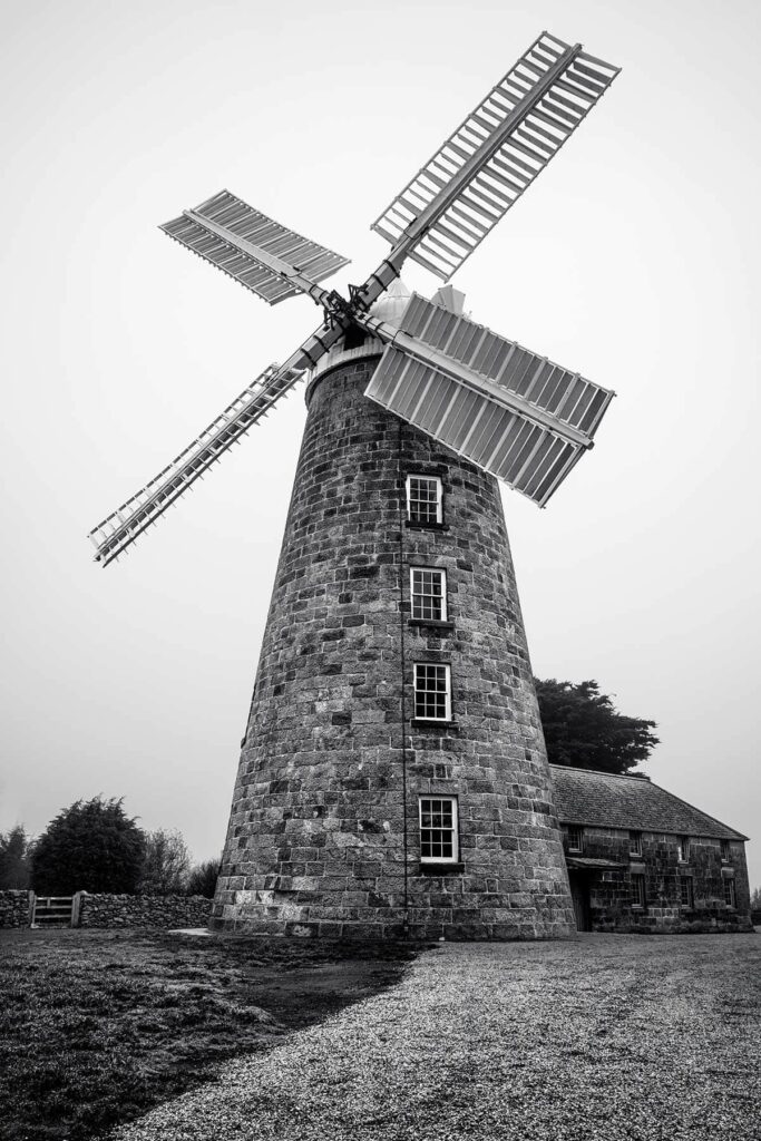 Black and white photo of a Windmill in Richmond Hobart Australia