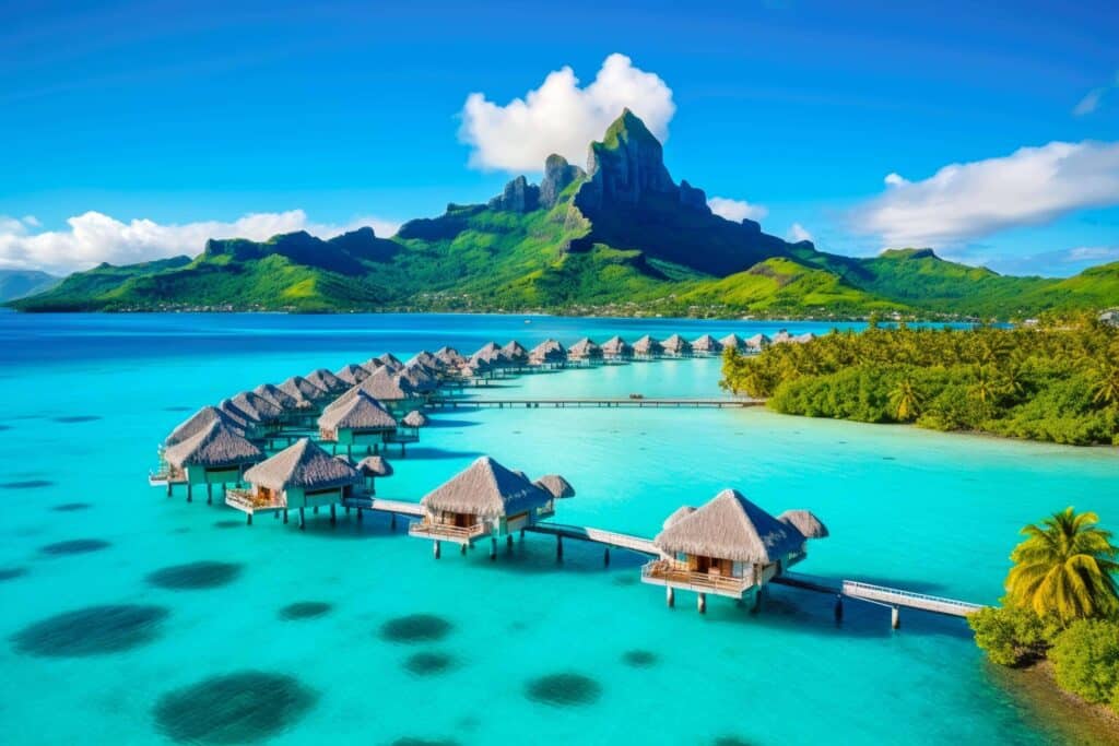 Bora Bora, French Polynesia, with crystal-clear waters and overwater bungalows dotting the shoreline