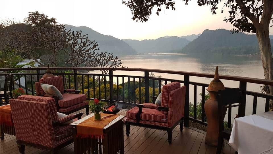 Mekong and mountain vistas from the restaurant at The Grand Luang Prubang, a Melia Collection hotel