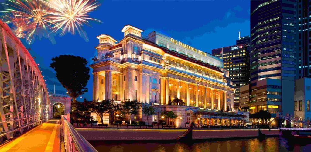 Fullerton Hotel Singapore with fireworks