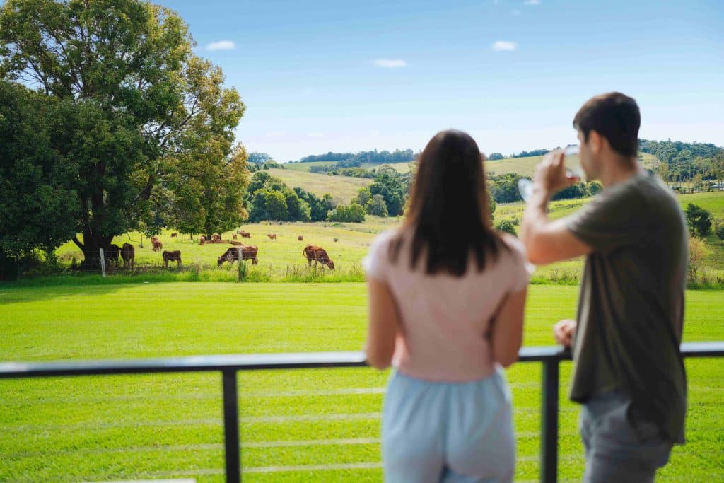 Beechmont Estate Queensland - couple enjoying the views while drinking wine on the dock